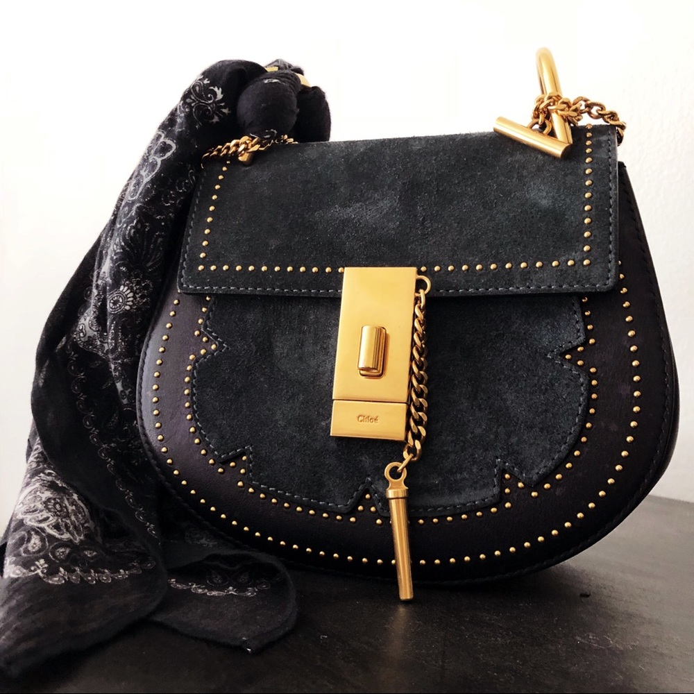 CHLOÉ Full Moon Blue Suede Gold Chain Studded Faye Drew Crossbody Shoulder Bag - Picture 2 of 8